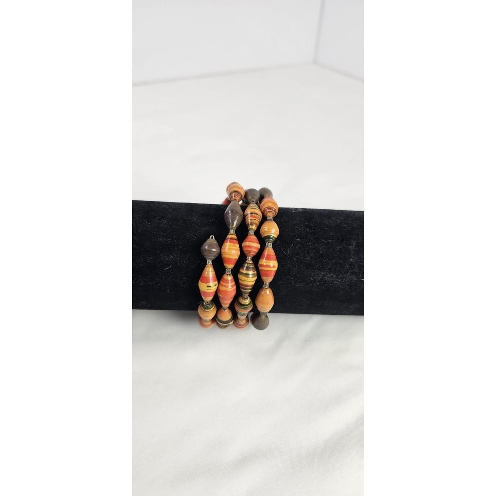 Vintage Handmade Paper Bead Necklace & Bracelet Set Boho Hippie Orange Brown 42" - Picture 6 of 6